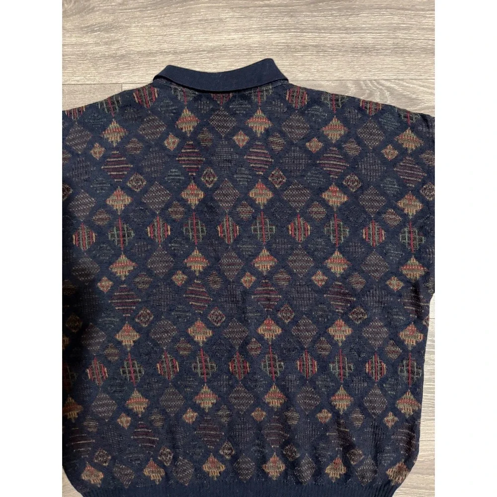 Vintage 80s The Italian Sweater Men L Wool Blend Navy Diamond Knit Polo Sweater